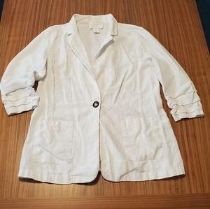 Halston Blazer Viscose Linen Blazer White Ruffled Sleeves Large
